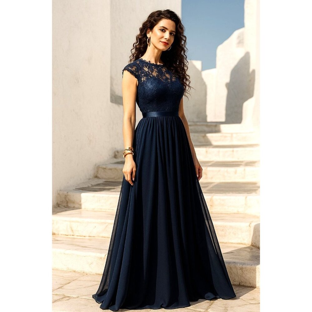 Miusol Sm Maxi Dress Sweetheart Lace Bodice Ribbon Waist Gown Formal Event Blue